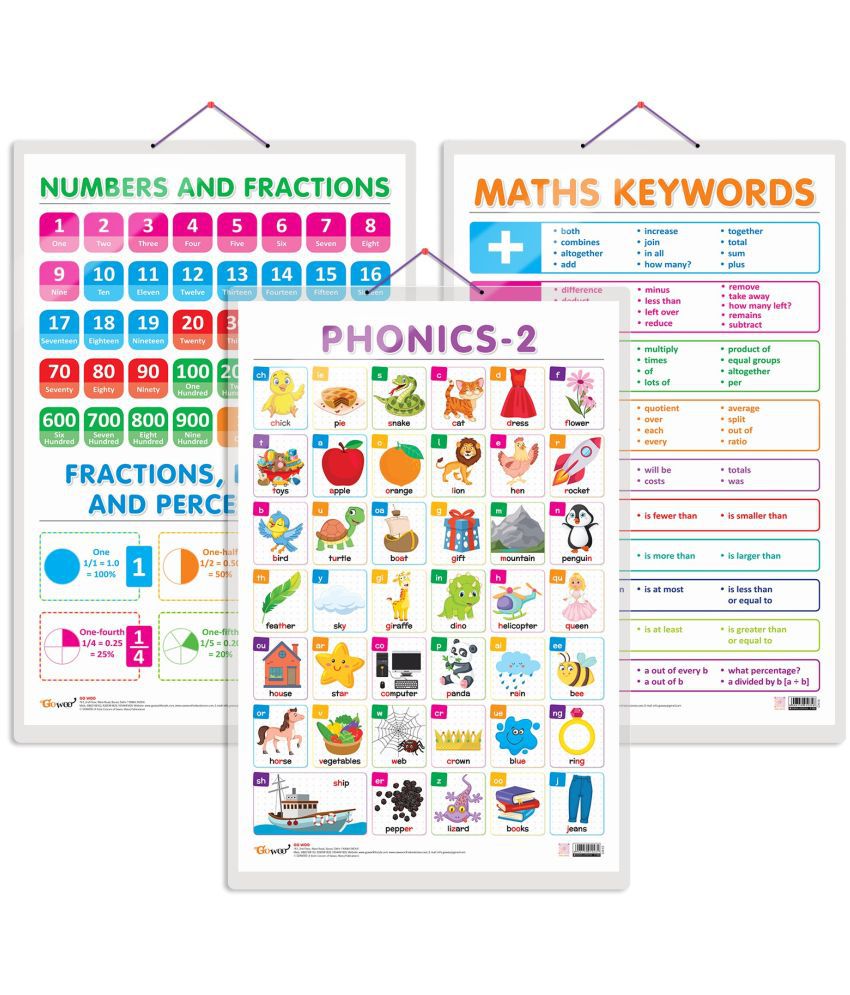     			Set of 3 NUMBERS AND FRACTIONS, MATHS KEYWORDS and PHONICS - 2 Early Learning Educational Charts for Kids | 20"X30" inch |Non-Tearable and Waterproof | Double Sided Laminated | Perfect for Homeschooling, Kindergarten and Nursery Students