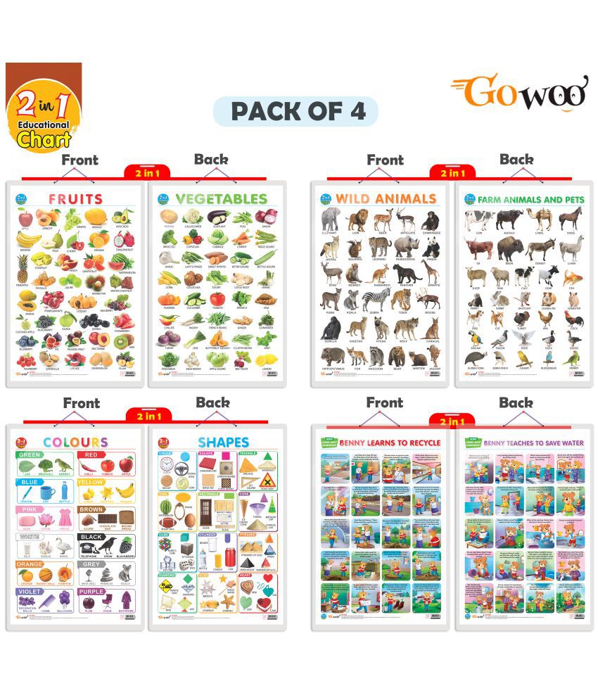    			Set of 4 |  2 IN 1 COLOURS AND SHAPES, 2 IN 1 FRUITS AND VEGETABLES, 2 IN 1 WILD AND FARM ANIMALS & PETS and 2 IN 1 BENNY LEARNS TO RECYCLE AND BENNY TEACHES TO SAVE WATER Early Learning Educational Charts for Kids