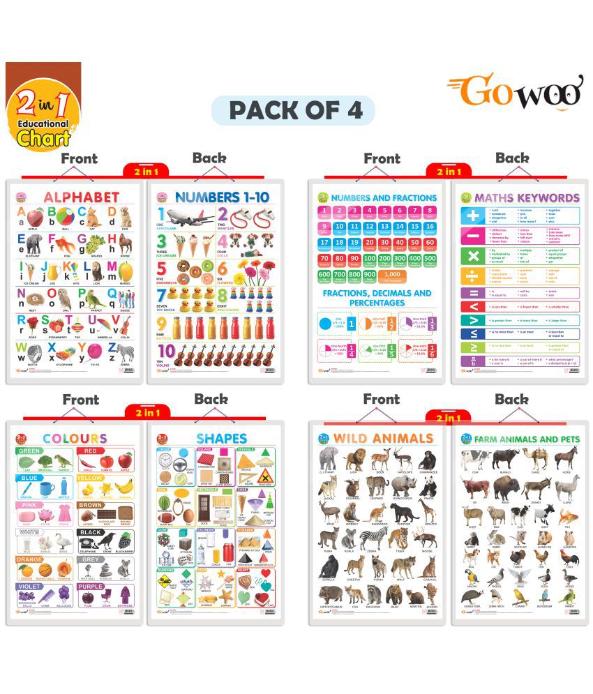     			Set of 4 |  2 IN 1 ALPHABET AND NUMBER 1-10, 2 IN 1 NUMBER & FRACTIONS AND MATHS KEYWORDS, 2 IN 1 COLOURS AND SHAPES and 2 IN 1 WILD AND FARM ANIMALS & PETS Early Learning Educational Charts for Kids