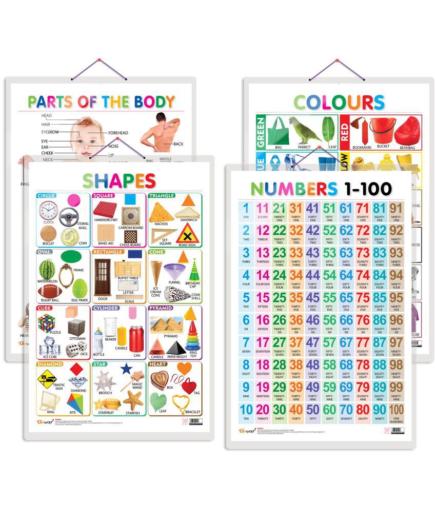     			Set of 4 Colours, Shapes, Parts of the Body and Numbers 1-100 Early Learning Educational Charts for Kids | 20"X30" inch |Non-Tearable and Waterproof | Double Sided Laminated | Perfect for Homeschooling, Kindergarten and Nursery Students