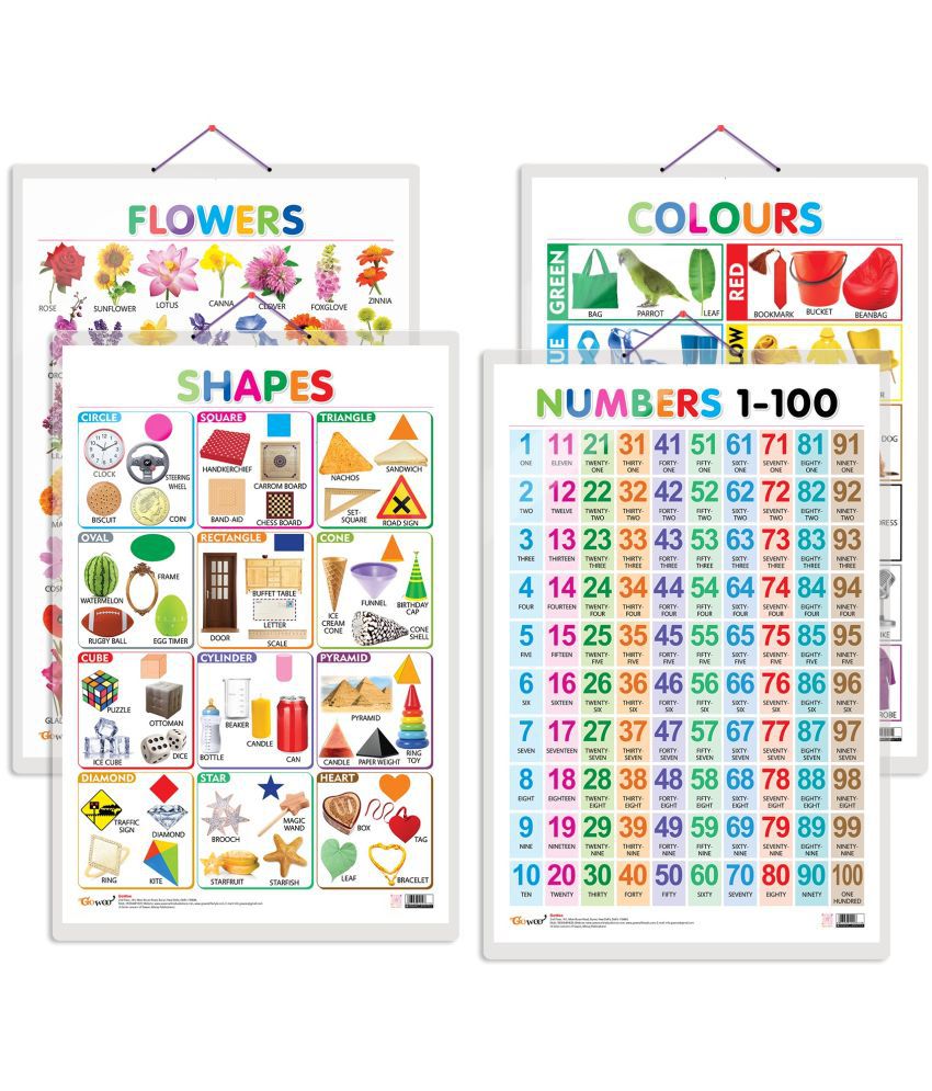     			Set of 4 Flowers, Colours, Shapes and Numbers 1-100 Early Learning Educational Charts for Kids | 20"X30" inch |Non-Tearable and Waterproof | Double Sided Laminated | Perfect for Homeschooling, Kindergarten and Nursery Students