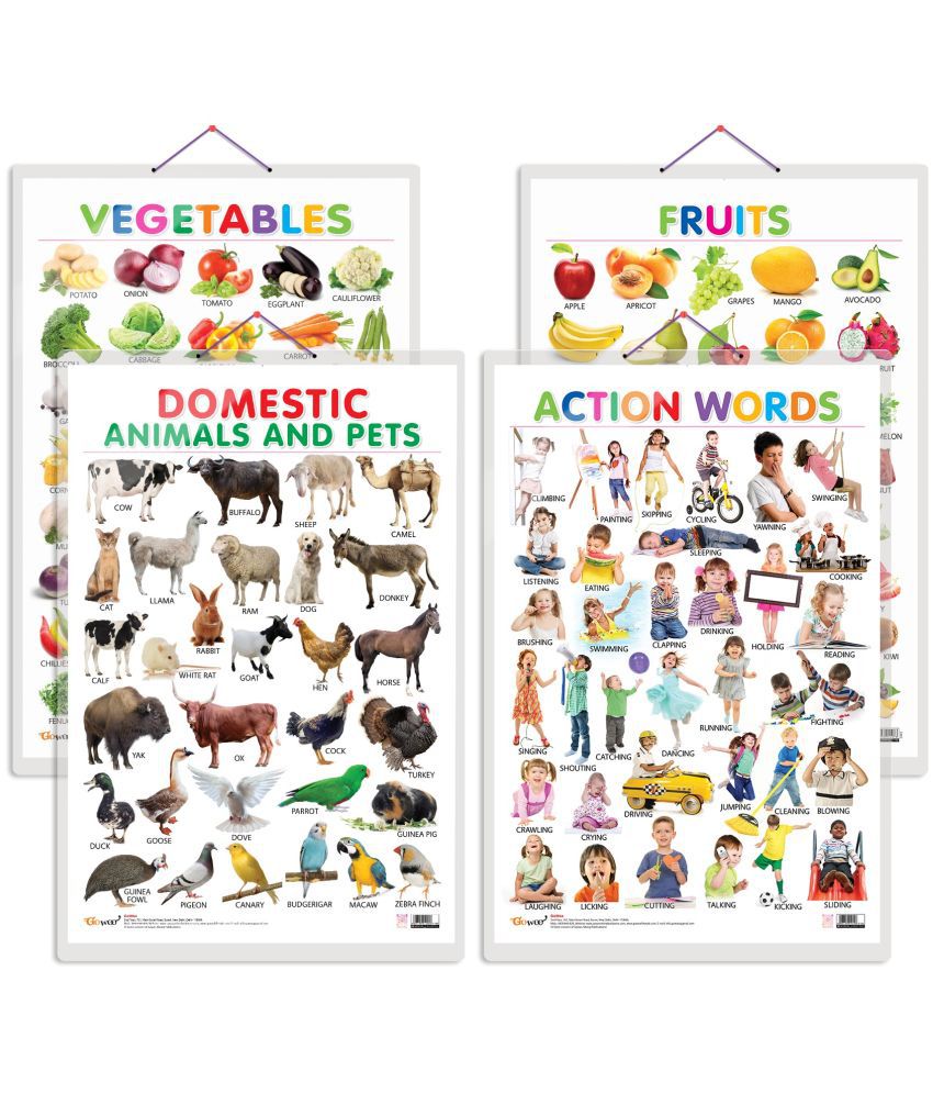     			Set of 4 Fruits, Vegetables, Domestic Animals and Pets and Action Words Early Learning Educational Charts for Kids | 20"X30" inch |Non-Tearable and Waterproof | Double Sided Laminated | Perfect for Homeschooling, Kindergarten and Nursery Students