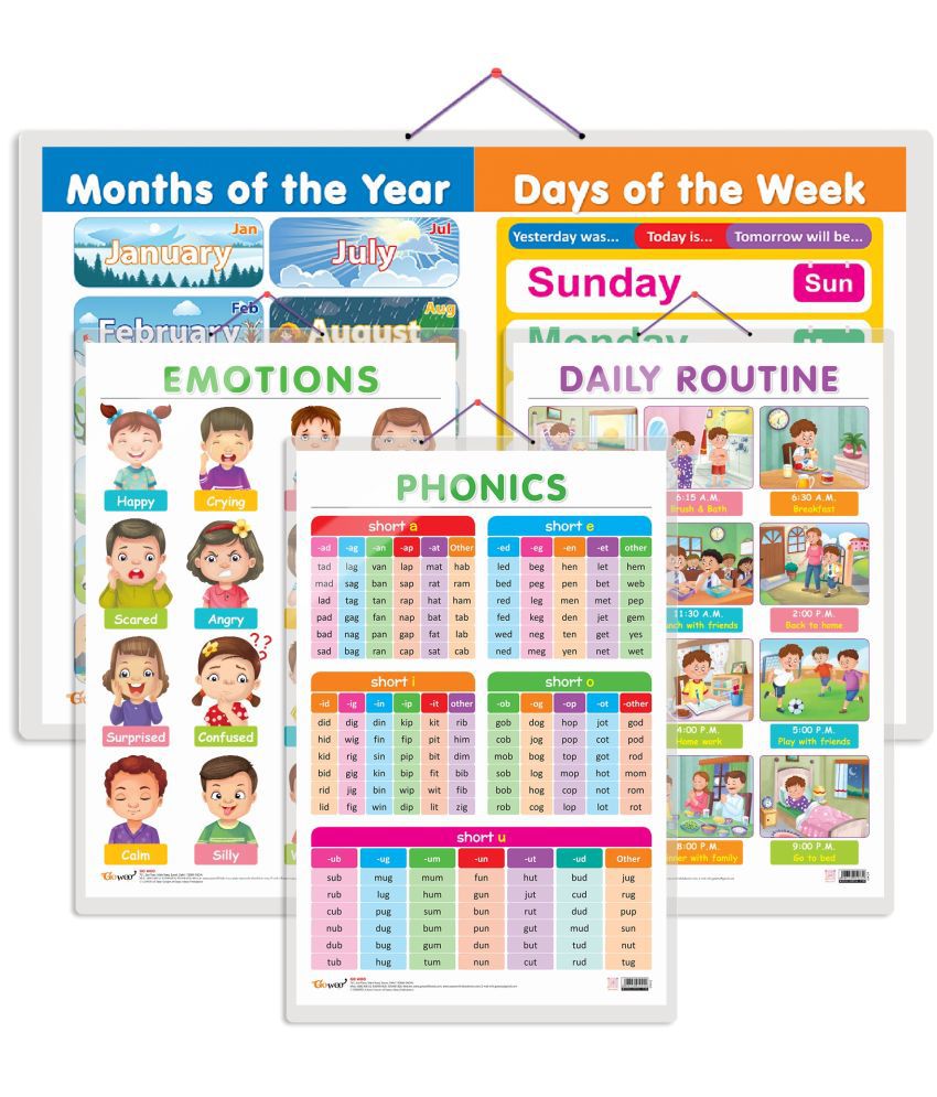     			Set of 4 MONTHS OF THE YEAR AND DAYS OF THE WEEK, EMOTIONS, DAILY ROUTINE and PHONICS - 1 Early Learning Educational Charts for Kids