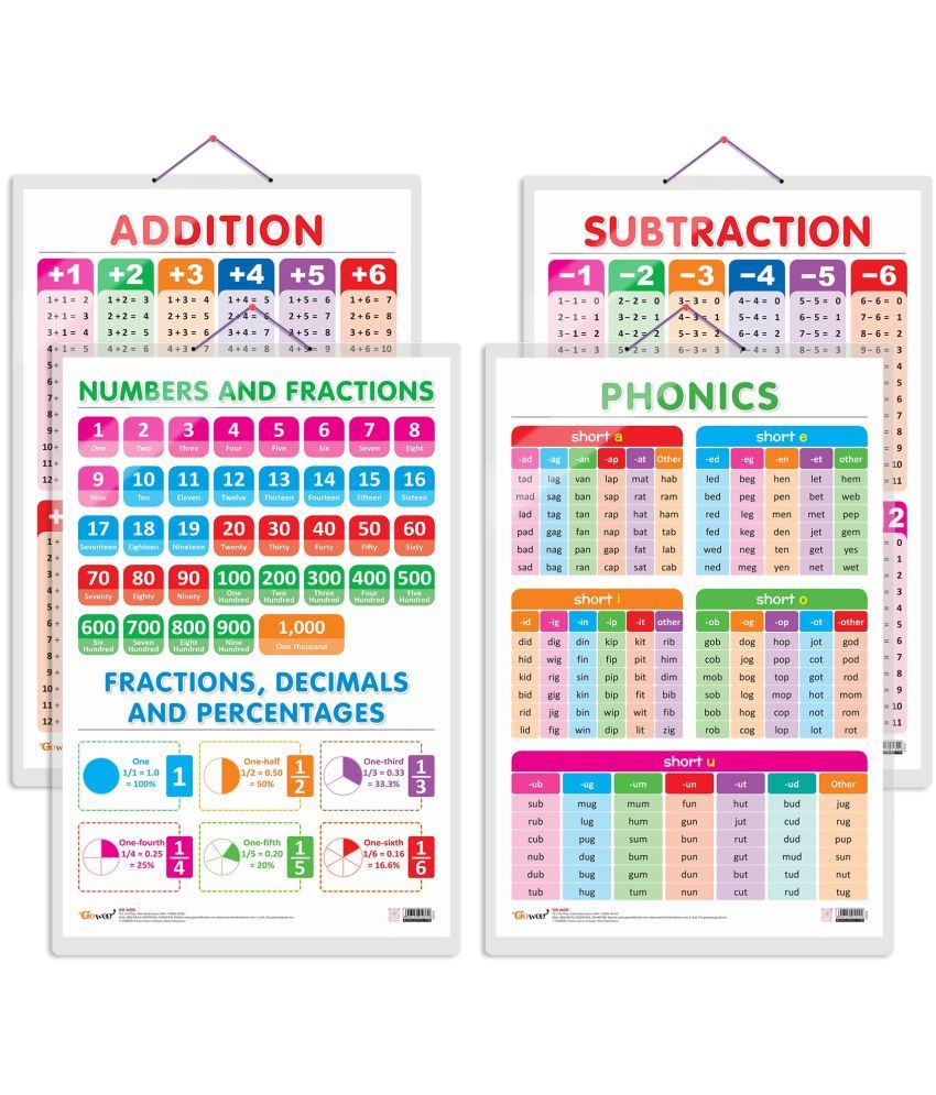     			Set of 4 SUBTRACTION, ADDITION, NUMBERS AND FRACTIONS and PHONICS - 1 Early Learning Educational Charts for Kids | 20"X30" inch |Non-Tearable and Waterproof | Double Sided Laminated | Perfect for Homeschooling, Kindergarten and Nursery Students