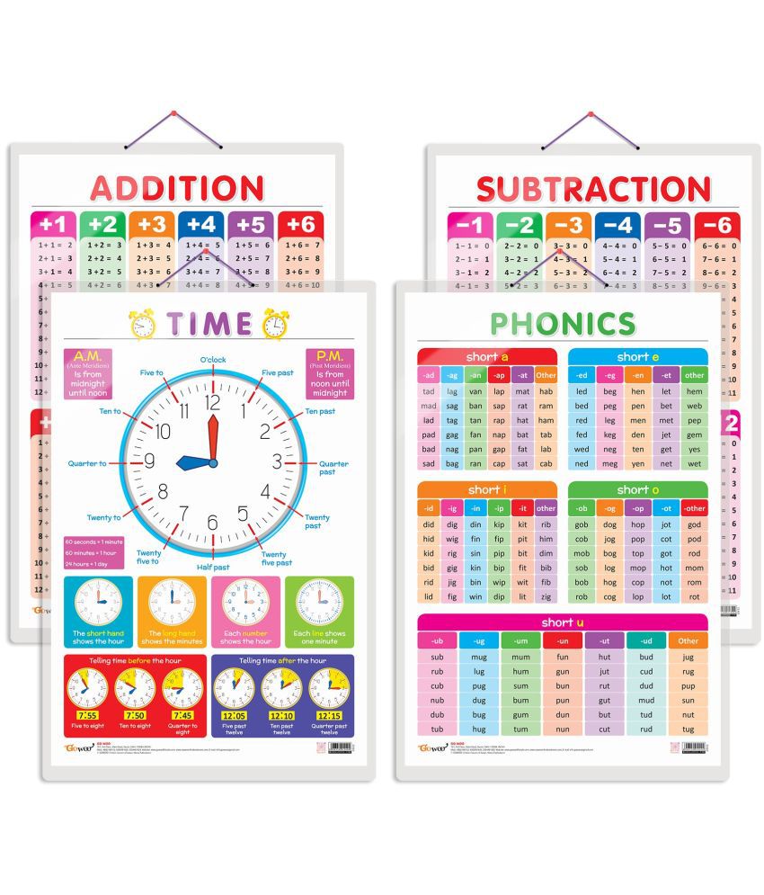    			Set of 4 TIME, SUBTRACTION, ADDITION and PHONICS - 1 Early Learning Educational Charts for Kids | 20"X30" inch |Non-Tearable and Waterproof | Double Sided Laminated | Perfect for Homeschooling, Kindergarten and Nursery Students