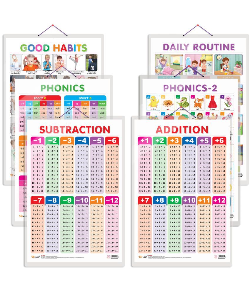     			Set of 6 Good Habits, SUBTRACTION, ADDITION, DAILY ROUTINE, PHONICS - 1 and PHONICS - 2 Early Learning Educational Charts for Kids
