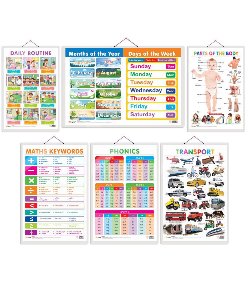     			Set of 6 Parts of the Body, Transport, MATHS KEYWORDS, MONTHS OF THE YEAR AND DAYS OF THE WEEK, DAILY ROUTINE and PHONICS - 1 Early Learning Educational Charts for Kids