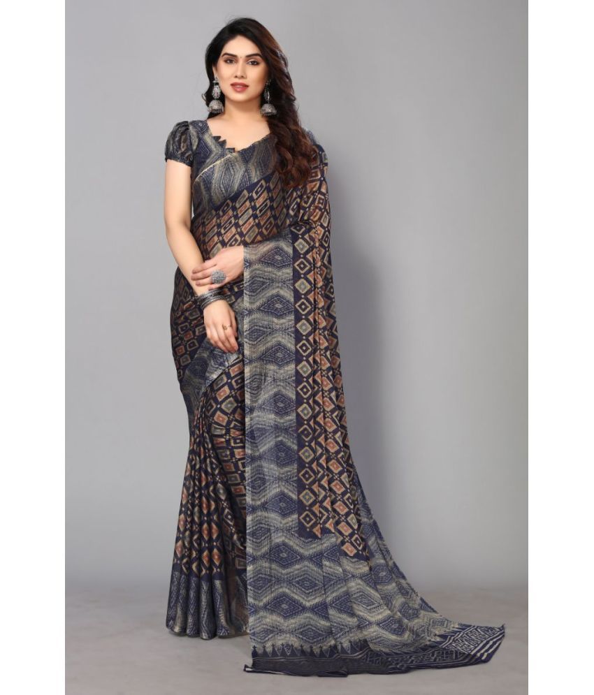     			FABMORA - Navy Blue Chiffon Saree With Blouse Piece ( Pack of 1 )