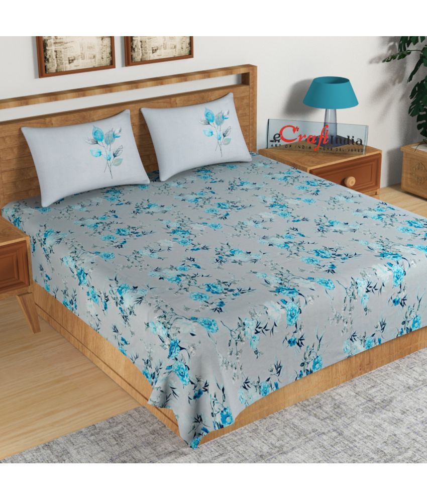     			Idalia Home Cotton Floral Double Bedsheet with 2 Pillow Covers - Blue