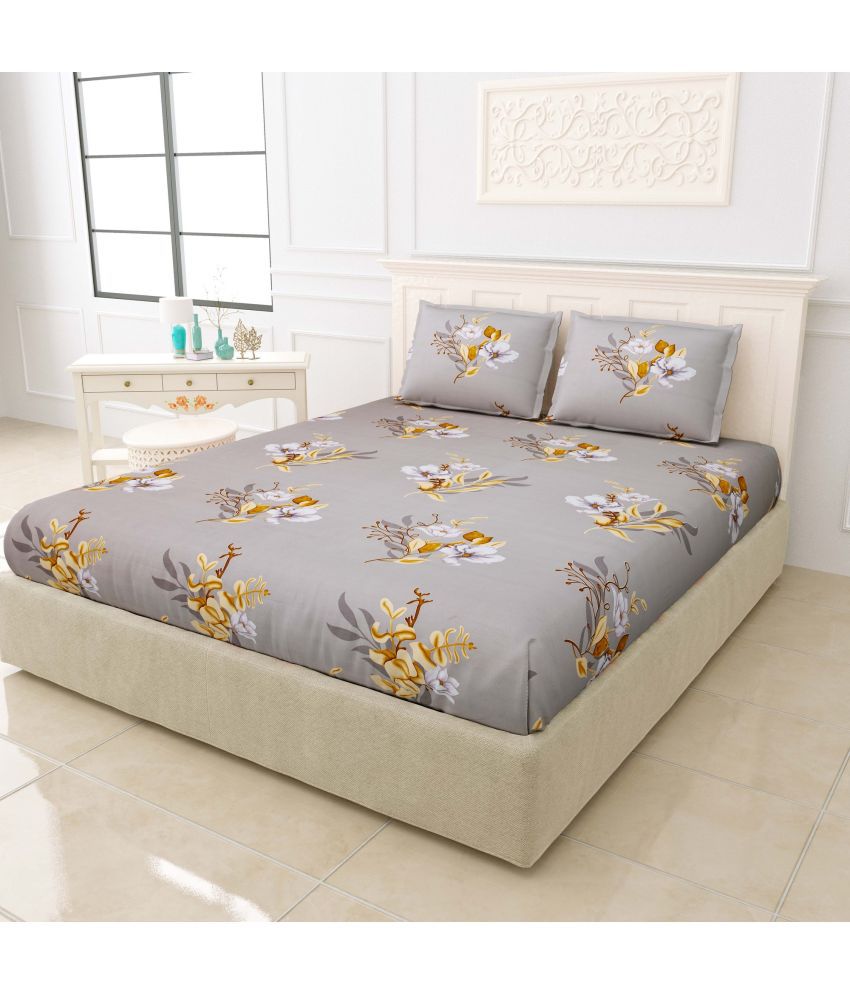     			Idalia Home Glace Cotton Floral Double Bedsheet with 2 Pillow Covers - Grey