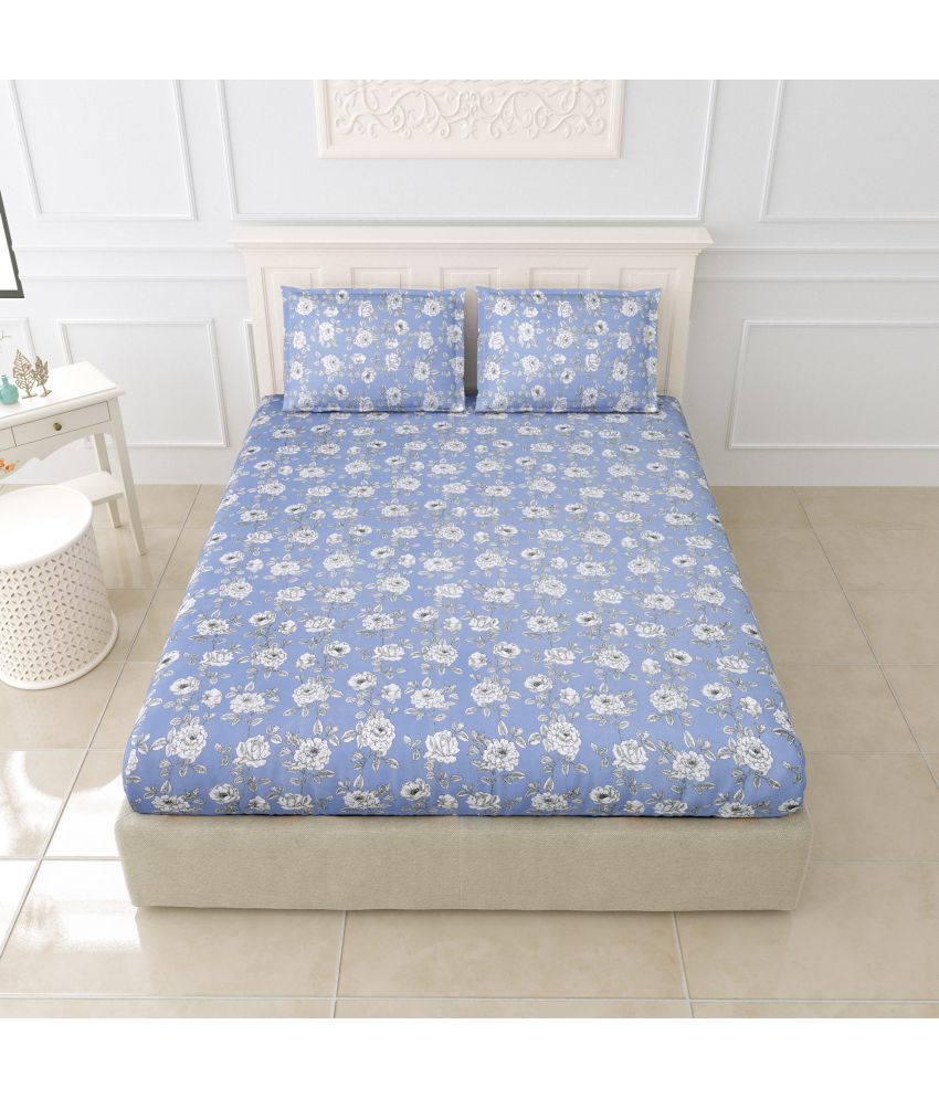     			Idalia Home Glace Cotton Floral Double Bedsheet with 2 Pillow Covers - Blue
