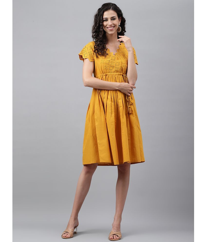     			Janasya - Yellow Cotton Women's Fit & Flare Dress ( Pack of 1 )