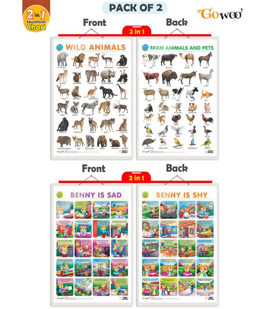     			Set of 2 |2 IN 1 WILD AND FARM ANIMALS & PETS and 2 IN 1 BENNY IS SAD AND BENNY IS SHY Early Learning Educational Charts for Kids|