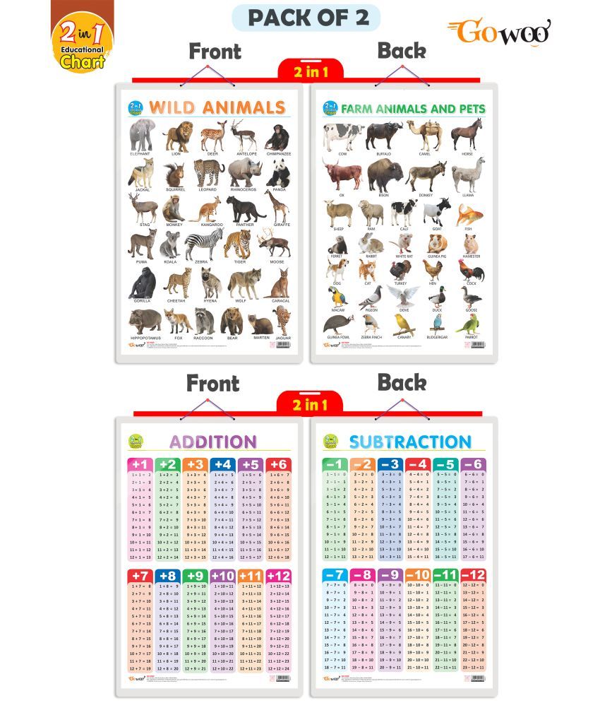     			Set of 2 |2 IN 1 WILD AND FARM ANIMALS & PETS and 2 IN 1 ADDITION AND SUBTRACTION Early Learning Educational Charts for Kids|  20"X30" inch |Non-Tearable and Waterproof| Double Sided Laminated | Perfect for Homeschooling, Kindergarten and Nursery Students