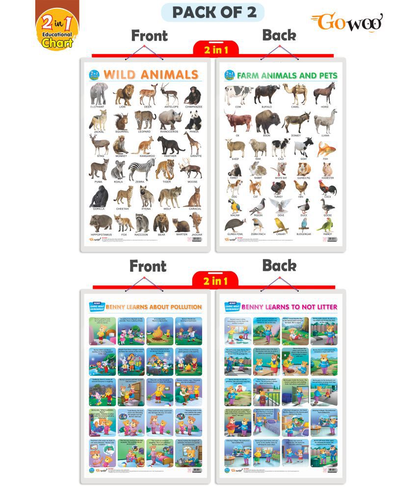     			Set of 2 |2 IN 1 WILD AND FARM ANIMALS & PETS and 2 IN 1 BENNY LEARNS ABOUT POLLUTION AND BENNY LEARNS NOT TO LITTER Early Learning Educational Charts for Kids