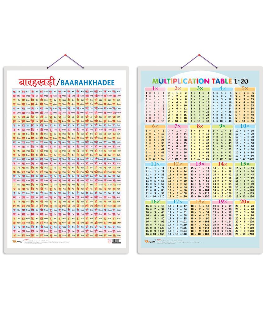     			Set of 2 Baarahkhadee and Multiplication Table 1-20 Early Learning Educational Charts for Kids | 20"X30" inch |Non-Tearable and Waterproof | Double Sided Laminated | Perfect for Homeschooling, Kindergarten and Nursery Students