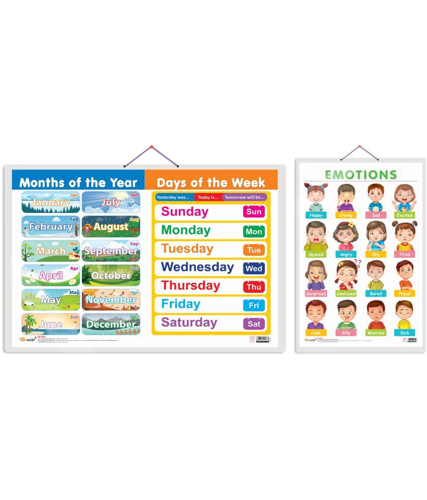     			Set of 2 MONTHS OF THE YEAR AND DAYS OF THE WEEK and EMOTIONS Early Learning Educational Charts for Kids | 20"X30" inch |Non-Tearable and Waterproof | Double Sided Laminated | Perfect for Homeschooling, Kindergarten and Nursery Students