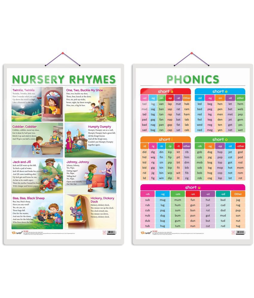     			Set of 2 NURSERY RHYMES and PHONICS - 1 Early Learning Educational Charts for Kids | 20"X30" inch |Non-Tearable and Waterproof | Double Sided Laminated | Perfect for Homeschooling, Kindergarten and Nursery Students