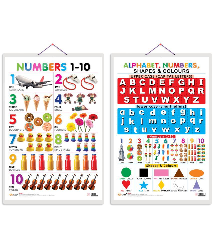     			Set of 2 Numbers 1-10 and Alphabet, Numbers, Shapes & Colours Early Learning Educational Charts for Kids | 20"X30" inch |Non-Tearable and Waterproof | Double Sided Laminated | Perfect for Homeschooling, Kindergarten and Nursery Students
