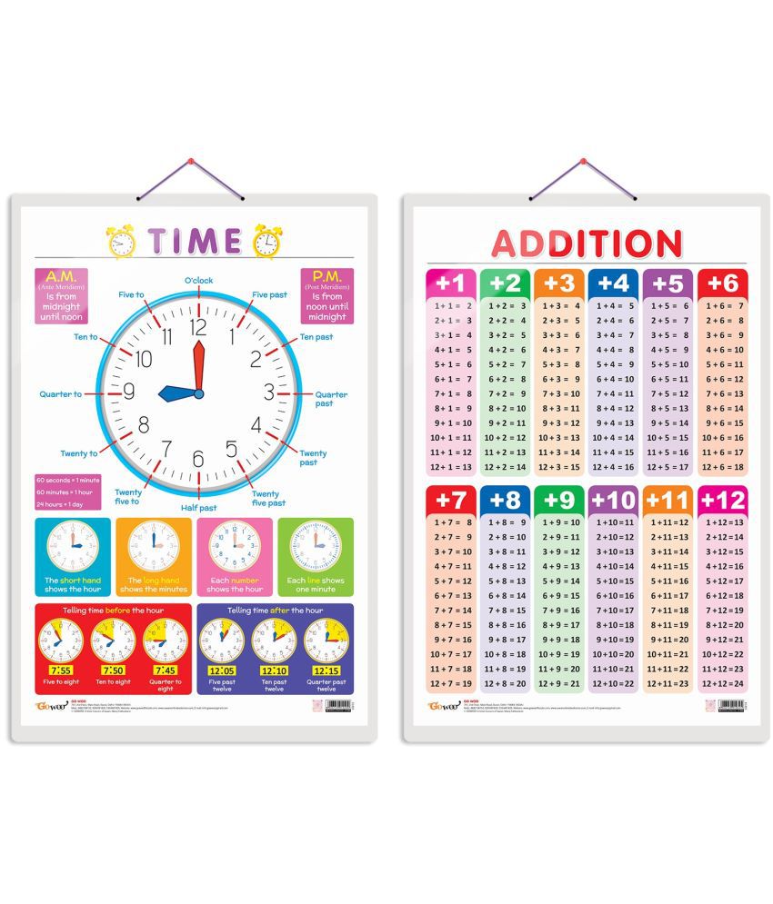     			Set of 2 TIME and ADDITION Early Learning Educational Charts for Kids | 20"X30" inch |Non-Tearable and Waterproof | Double Sided Laminated | Perfect for Homeschooling, Kindergarten and Nursery Students