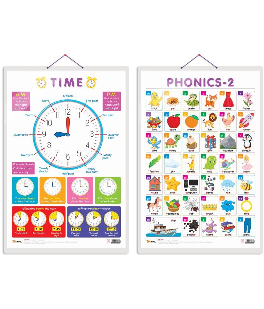     			Set of 2 TIME and PHONICS - 2 Early Learning Educational Charts for Kids | 20"X30" inch |Non-Tearable and Waterproof | Double Sided Laminated | Perfect for Homeschooling, Kindergarten and Nursery Students