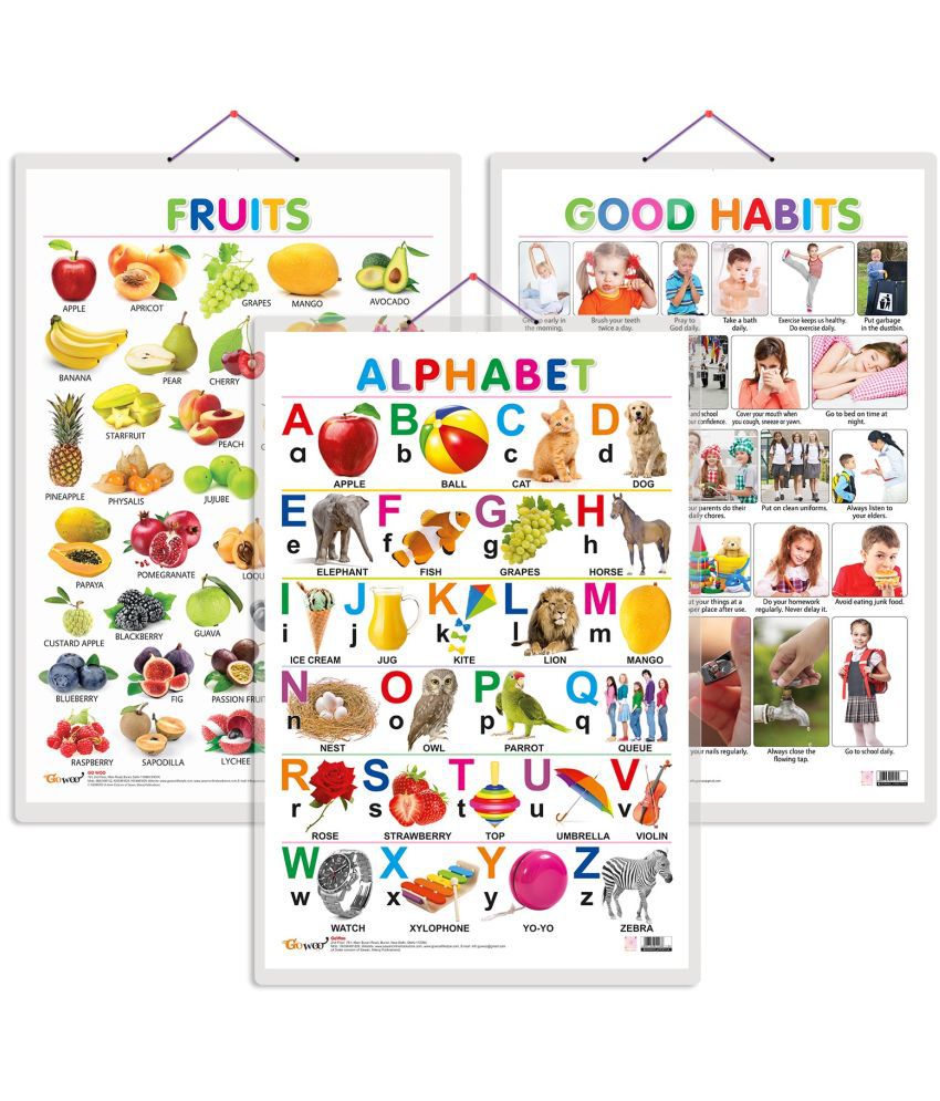     			Set of 3 Alphabet, Fruits and Good Habits Early Learning Educational Charts for Kids | 20"X30" inch |Non-Tearable and Waterproof | Double Sided Laminated | Perfect for Homeschooling, Kindergarten and Nursery Students