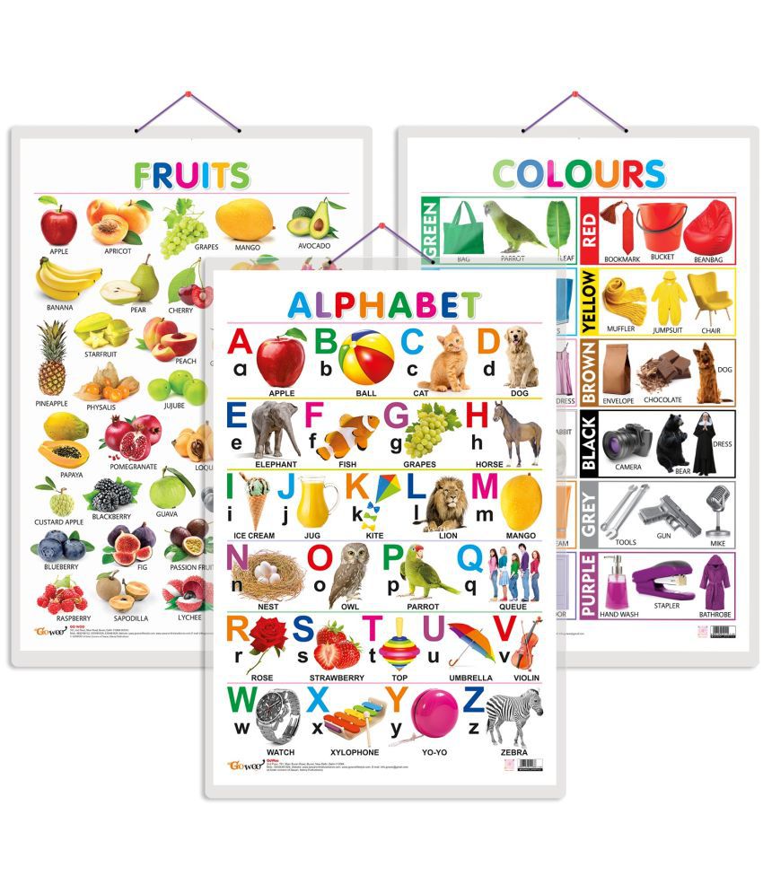     			Set of 3 Alphabet, Fruits and Colours Early Learning Educational Charts for Kids | 20"X30" inch |Non-Tearable and Waterproof | Double Sided Laminated | Perfect for Homeschooling, Kindergarten and Nursery Students