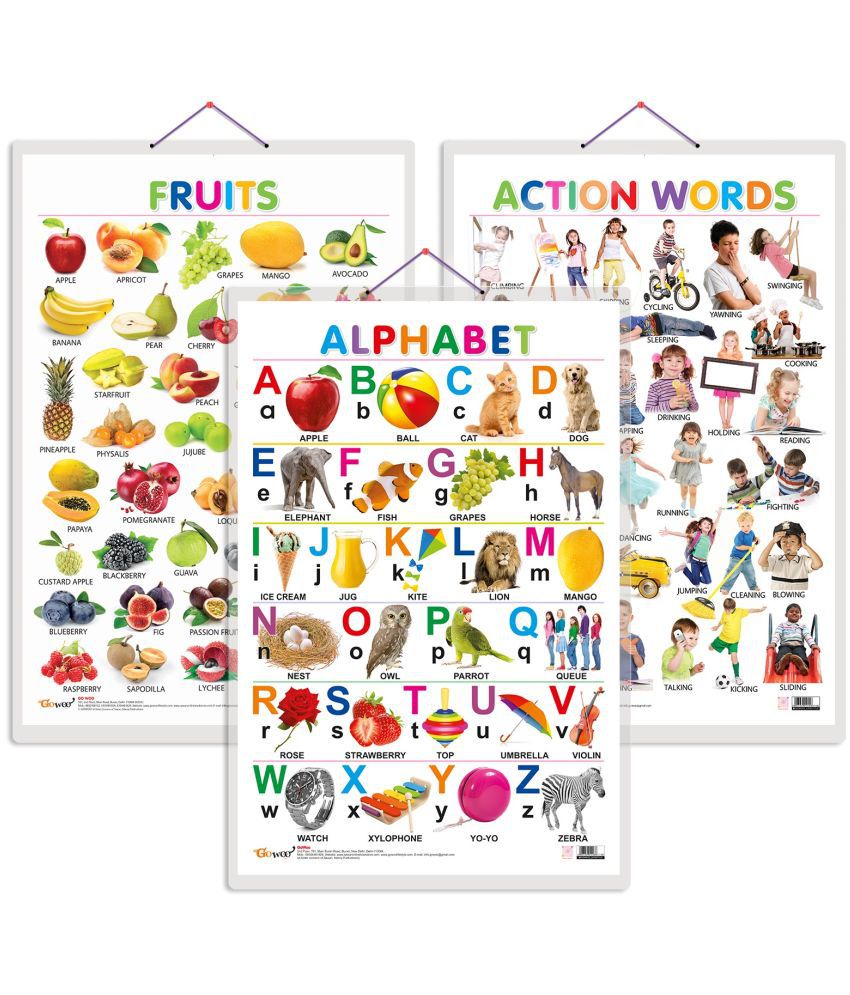     			Set of 3 Alphabet, Fruits and Action Words Early Learning Educational Charts for Kids | 20"X30" inch |Non-Tearable and Waterproof | Double Sided Laminated | Perfect for Homeschooling, Kindergarten and Nursery Students