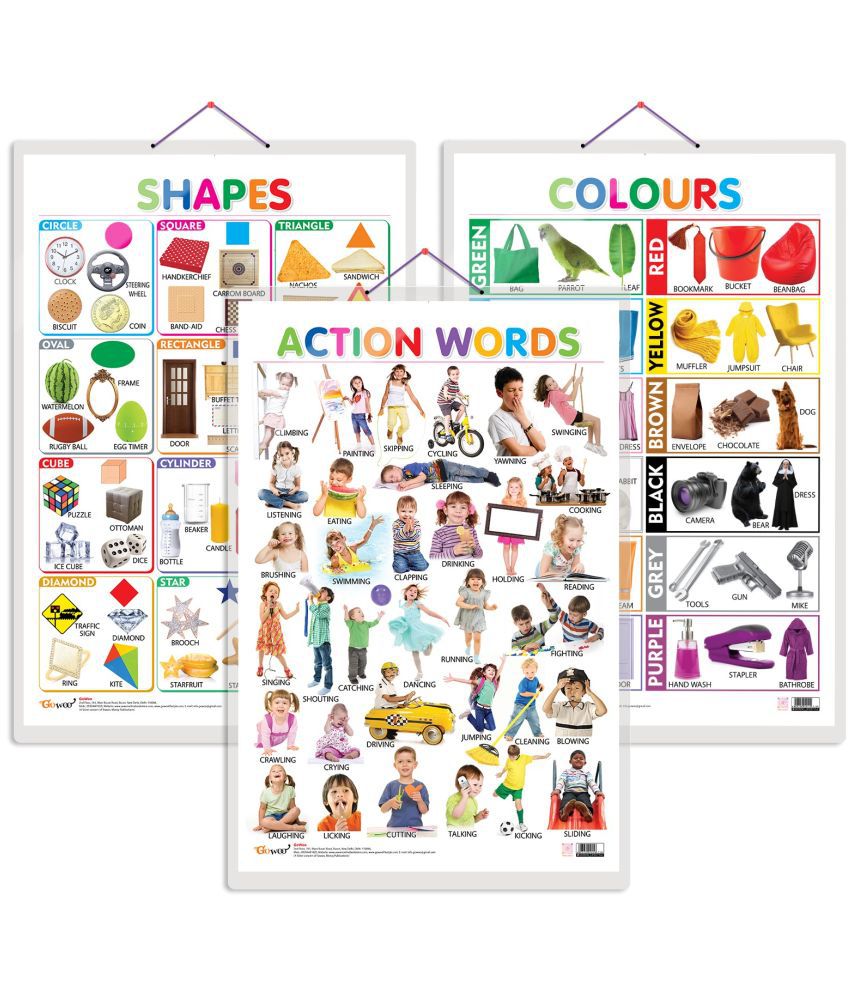     			Set of 3 Colours, Shapes and Action Words Chart for Kids | 20"X30" inch |Non-Tearable and Waterproof | Double Sided Laminated | Perfect for Homeschooling, Kindergarten and Nursery Students