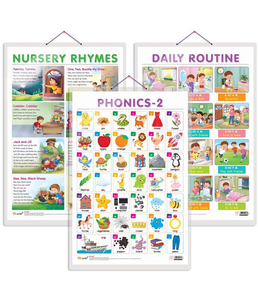     			Set of 3 DAILY ROUTINE, NURSERY RHYMES and PHONICS - 2 Early Learning Educational Charts for Kids | 20"X30" inch |Non-Tearable and Waterproof | Double Sided Laminated | Perfect for Homeschooling, Kindergarten and Nursery Students