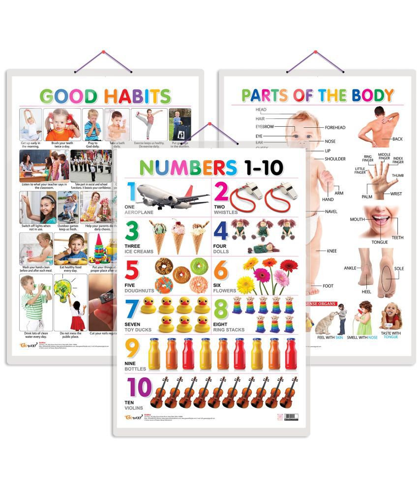     			Set of 3 Parts of the Body, Good Habits and Numbers 1-10 Early Learning Educational Charts for Kids | 20"X30" inch |Non-Tearable and Waterproof | Double Sided Laminated | Perfect for Homeschooling, Kindergarten and Nursery Students