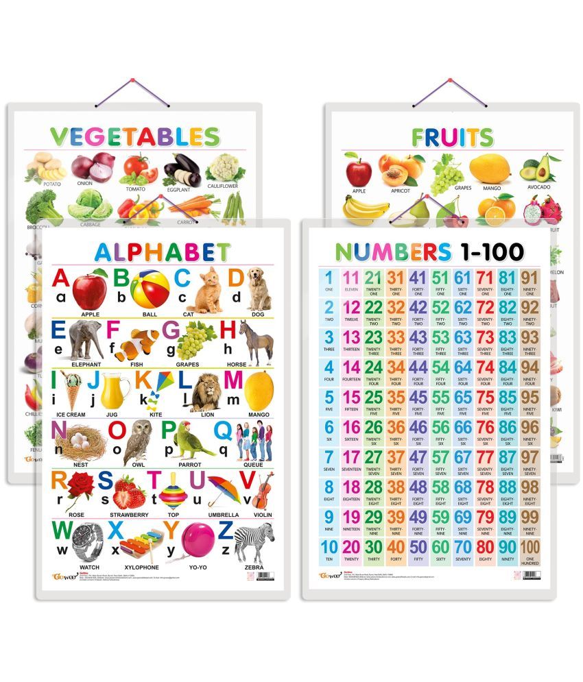     			Set of 4 Alphabet, Fruits, Vegetables and Numbers 1-100 Early Learning Educational Charts for Kids | 20"X30" inch |Non-Tearable and Waterproof | Double Sided Laminated | Perfect for Homeschooling, Kindergarten and Nursery Students