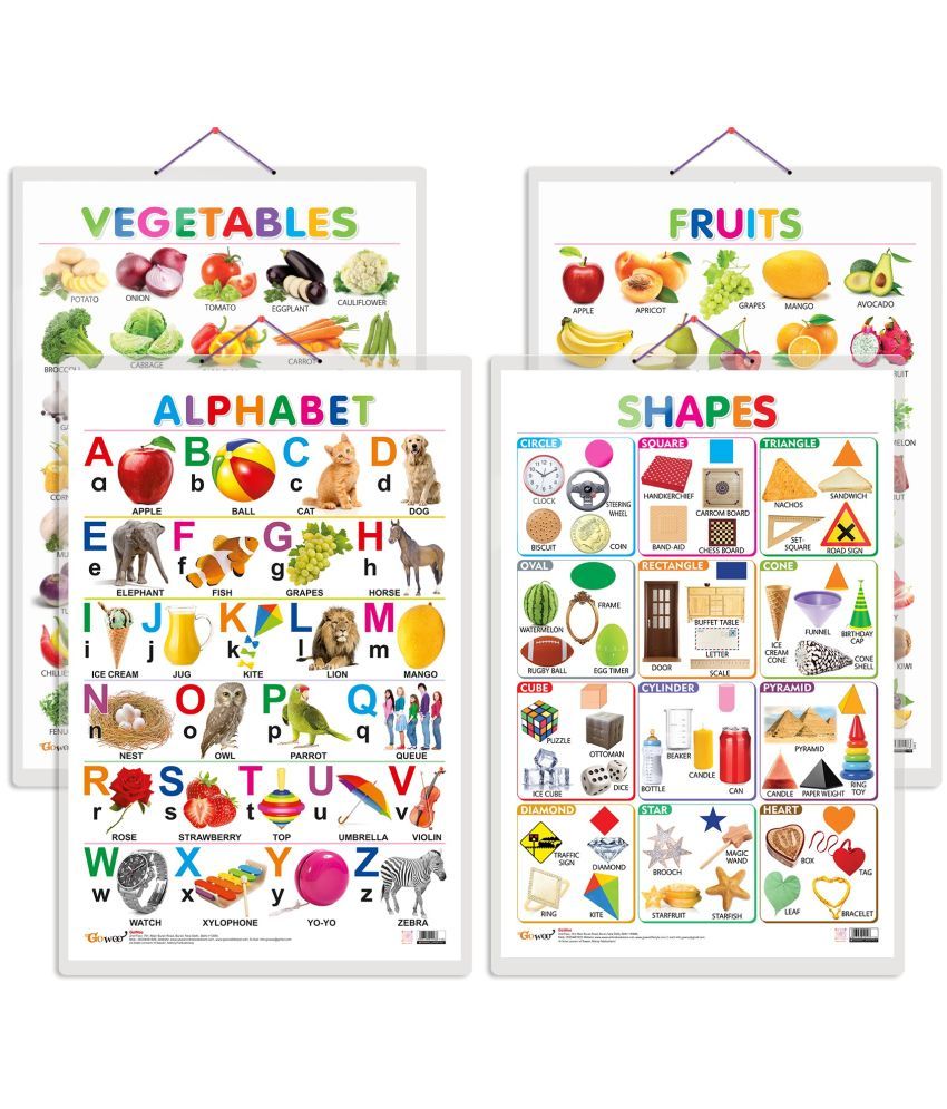     			Set of 4 Alphabet, Fruits, Vegetables and Shapes Early Learning Educational Charts for Kids | 20"X30" inch |Non-Tearable and Waterproof | Double Sided Laminated | Perfect for Homeschooling, Kindergarten and Nursery Students