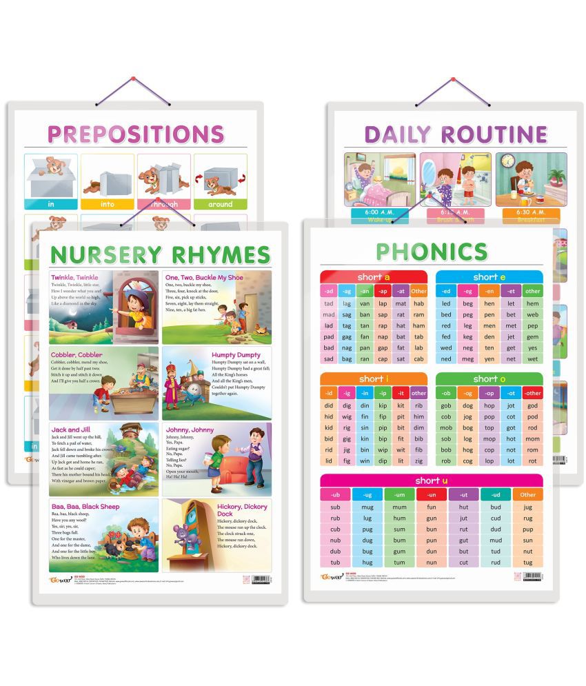    			Set of 4 DAILY ROUTINE, NURSERY RHYMES, PREPOSITIONS and PHONICS - 1 Early Learning Educational Charts for Kids | 20"X30" inch |Non-Tearable and Waterproof | Double Sided Laminated | Perfect for Homeschooling, Kindergarten and Nursery Students