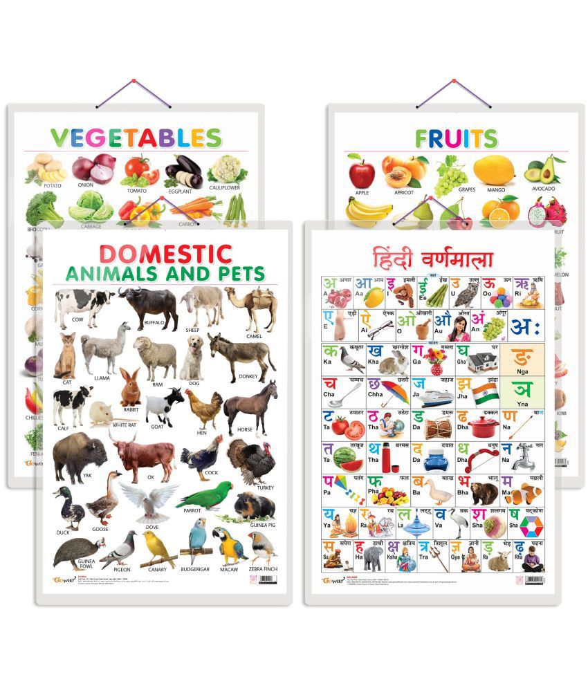     			Set of 4 Fruits, Vegetables, Domestic Animals and Pets and Hindi Varnamala Early Learning Educational Charts for Kids | 20"X30" inch |Non-Tearable and Waterproof | Double Sided Laminated | Perfect for Homeschooling, Kindergarten and Nursery Students