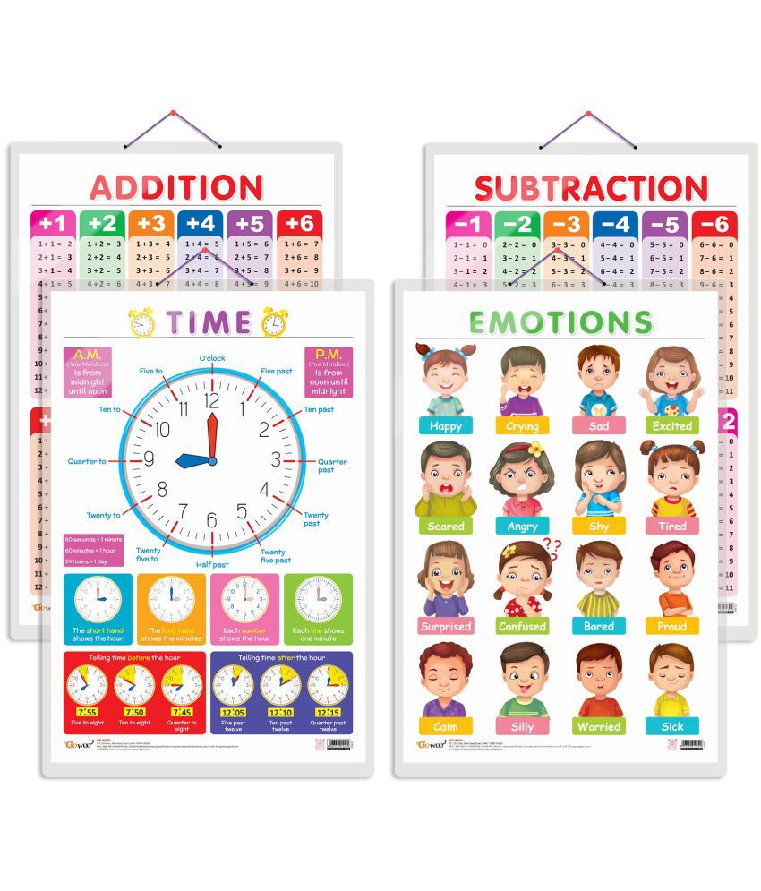     			Set of 4 TIME, SUBTRACTION, ADDITION and DAILY ROUTINE Early Learning Educational Charts for Kids | 20"X30" inch |Non-Tearable and Waterproof | Double Sided Laminated | Perfect for Homeschooling, Kindergarten and Nursery Students
