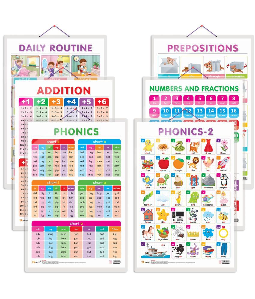     			Set of 6 ADDITION, NUMBERS AND FRACTIONS, DAILY ROUTINE, PREPOSITIONS, PHONICS - 1 and PHONICS - 2 Early Learning Educational Charts for Kids