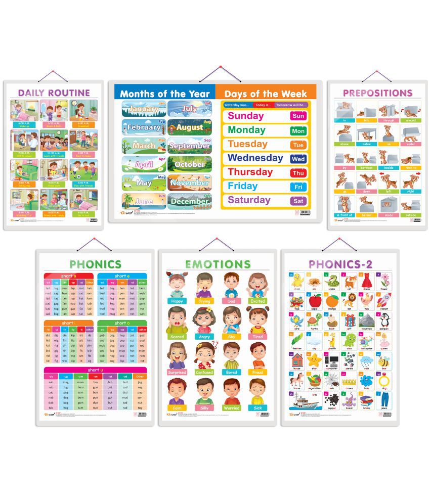     			Set of 6 MONTHS OF THE YEAR AND DAYS OF THE WEEK, EMOTIONS, DAILY ROUTINE, PREPOSITIONS, PHONICS - 1 and PHONICS - 2 Early Learning Educational Charts for Kids