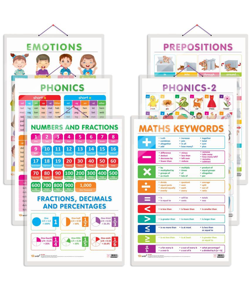     			Set of 6 NUMBERS AND FRACTIONS, MATHS KEYWORDS, EMOTIONS, PREPOSITIONS, PHONICS - 1 and PHONICS - 2 Early Learning Educational Charts for Kids