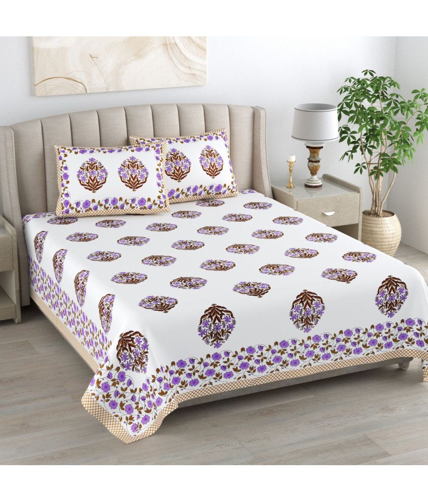     			Uniqchoice Cotton Floral King Size Bedsheet With 2 Pillow Covers - Purple