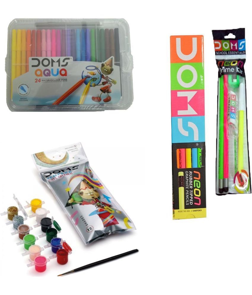     			Doms Aqua 24 Sketch Pen (Full Size)+12 Water Colour Cakes+Tempera Colour ( 12 Shades)+Neon Prime Kit+Neon Rubber Tipped Pencil