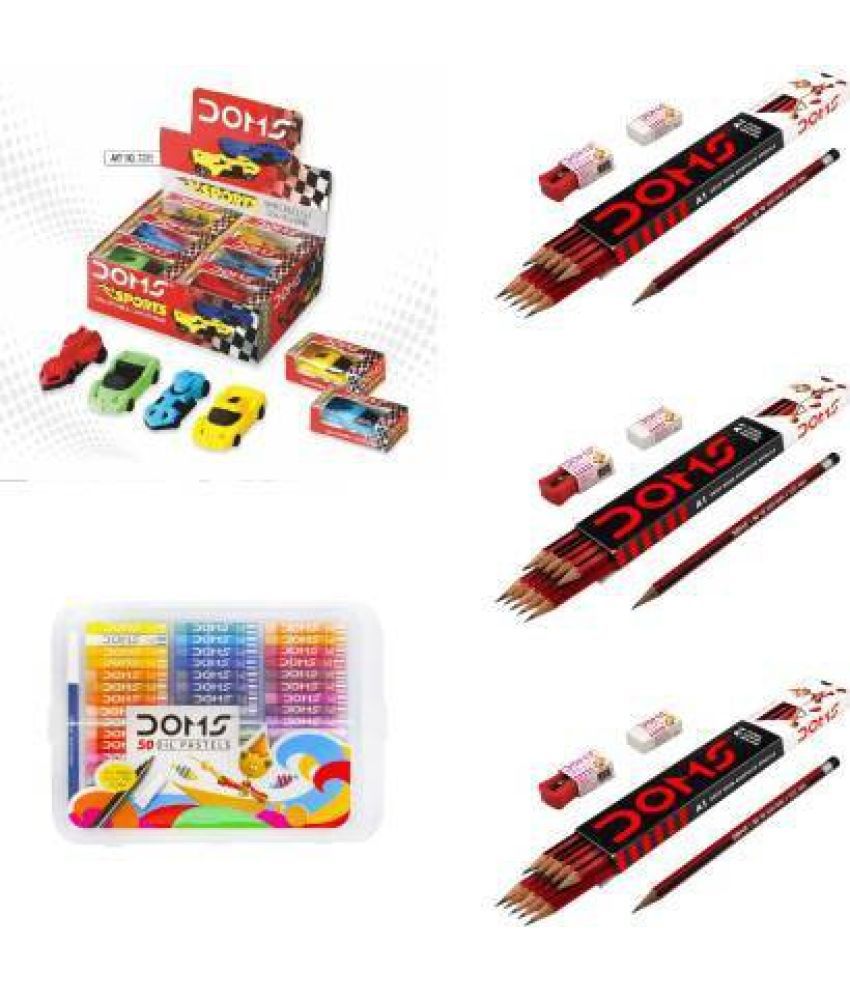     			Doms Sports Car Eraser (Pack Of 12) + A1 Deep Dark (3 Boxes) + Oil Pastels 50 Shades