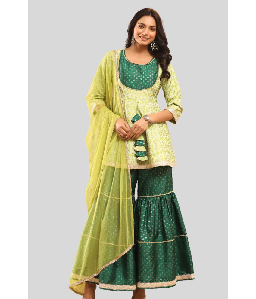     			Juniper - Green Anarkali Silk Blend Women's Stitched Salwar Suit ( Pack of 1 )