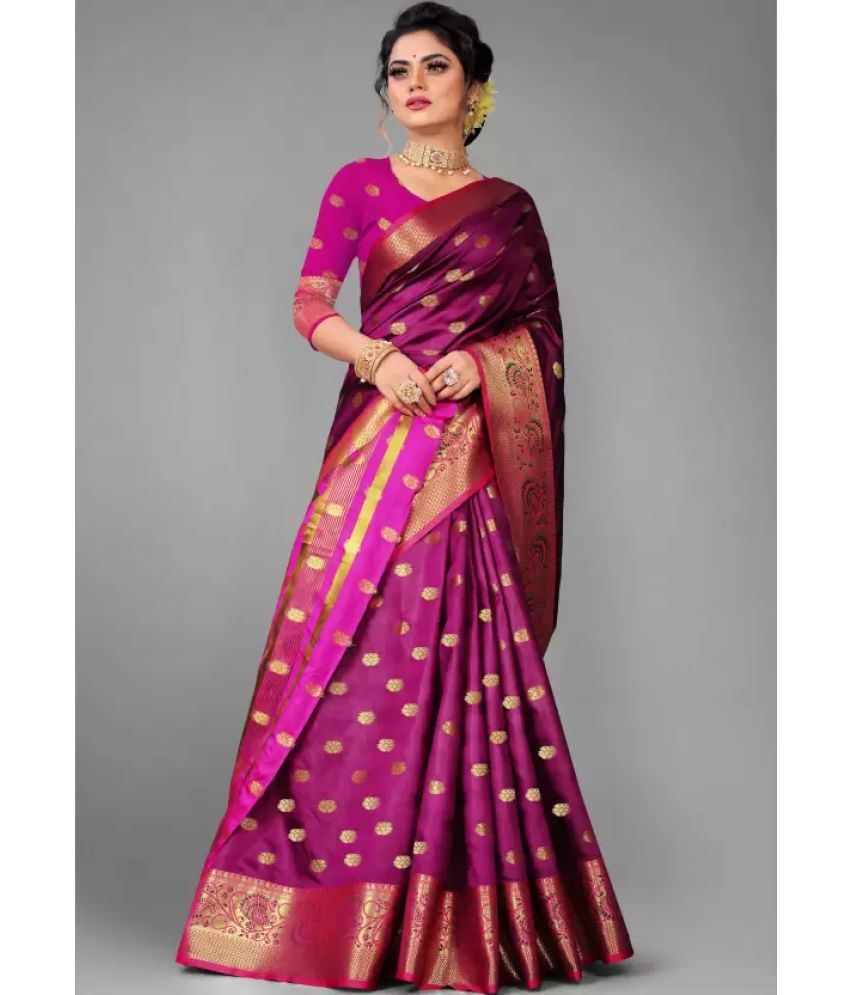     			KanjiQueen - Wine Cotton Silk Saree With Blouse Piece ( Pack of 1 )