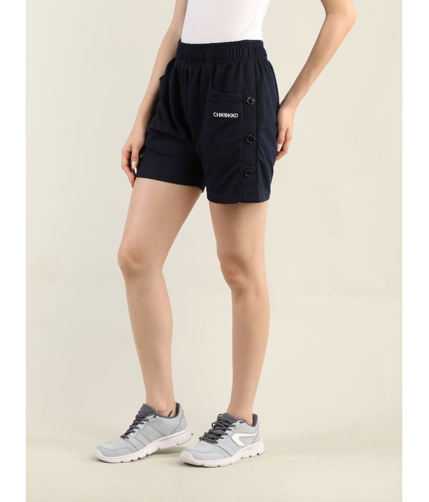     			Chkokko Navy Cotton Blend Solid Shorts - Single