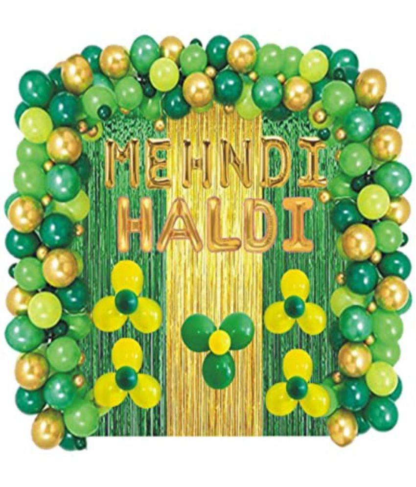     			Devdrishti Products Haldi Mehndi Ceremony Decoration Pack of 82 items Decoration Kit contains 1 Mehndi Foil 1 Haldi Foil 1 Gold Curtains 2 Green Curtains 75 Balloons 1 Glue Dot 1 Arch
