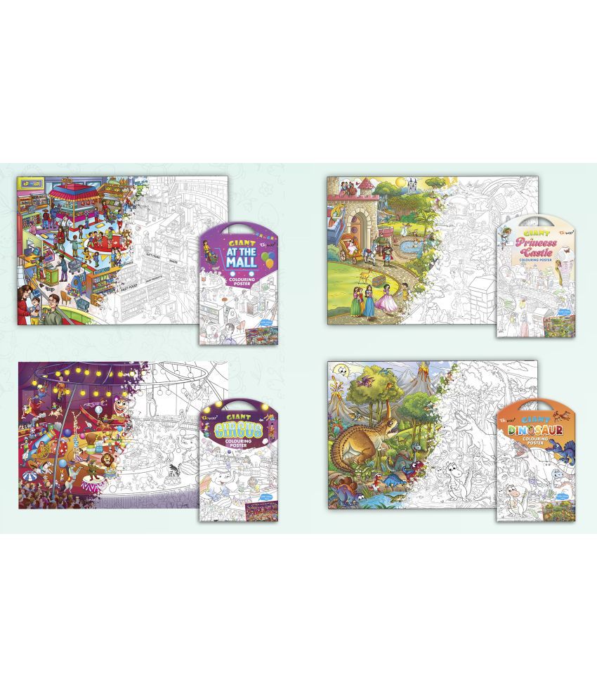     			GIANT AT THE MALL COLOURING POSTER, GIANT PRINCESS CASTLE COLOURING POSTER, GIANT CIRCUS COLOURING POSTER and GIANT DINOSAUR COLOURING POSTER | Gift Pack of 4 Posters I Coloring Posters Multipack