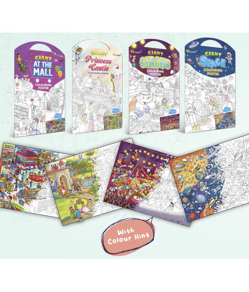     			GIANT AT THE MALL COLOURING POSTER, GIANT PRINCESS CASTLE COLOURING POSTER, GIANT CIRCUS COLOURING POSTER and GIANT SPACE COLOURING POSTER | Pack of 4 Posters I Art Therapy Coloring Combo Set for adults