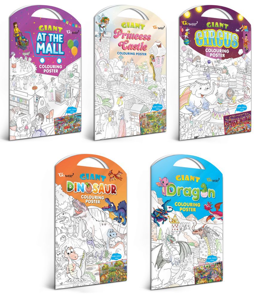     			GIANT AT THE MALL COLOURING POSTER, GIANT PRINCESS CASTLE COLOURING POSTER, GIANT CIRCUS COLOURING POSTER, GIANT DINOSAUR COLOURING POSTER and GIANT DRAGON COLOURING POSTER | Pack of 5 Posters I Dreamy Coloring Combo