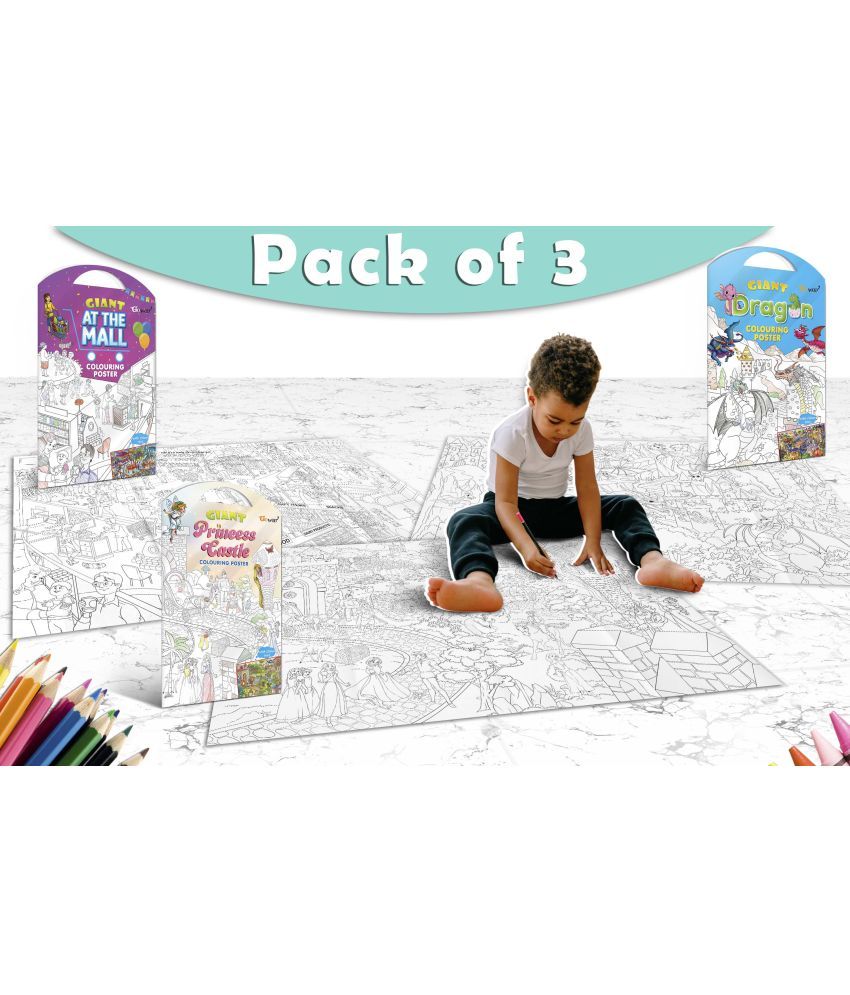     			GIANT AT THE MALL COLOURING POSTER, GIANT PRINCESS CASTLE COLOURING POSTER and GIANT DRAGON COLOURING POSTER | Pack of 3 Posters I Quality coloring posters